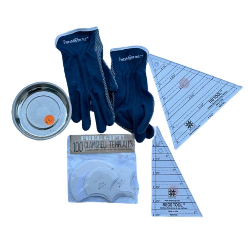 Triangle Quilting Rulers, Scallop Templates, Magnetic Needle Bowl and Gloves